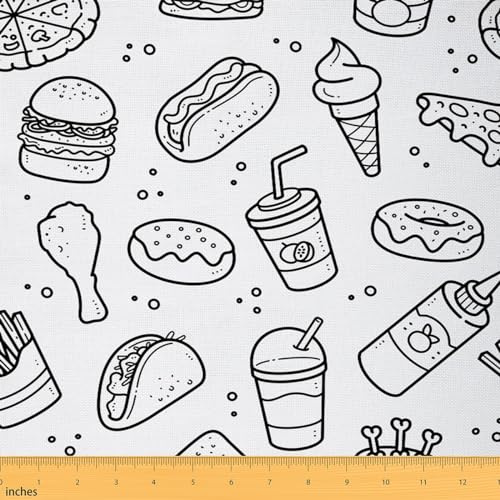 Tela de comida de dibujos animados por The Yard Cute Hamburg Pizza Hot Dog Decoración Tela para niños Suministros de costura Negro Blanco Graffiti Fast Food Tela para tapicería y detalles del hogar 10