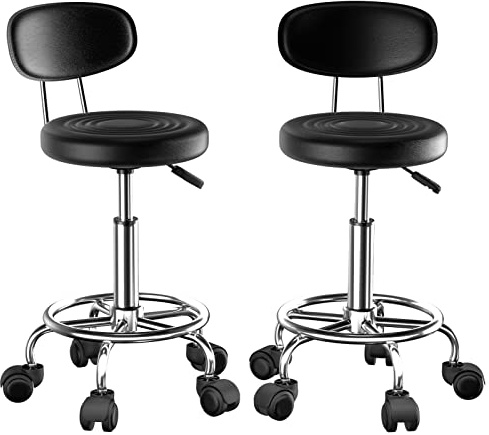 Rollhocker Höhenverstellbar 2er set, drehbar barhocker für Studio Zuhause | Schwarz barhocker Höhe 46-61cm, 3-stufiger pneumatischer Hubarm, Weiches Kunstledergewebe, Praktisches verchromtes Fußpedal