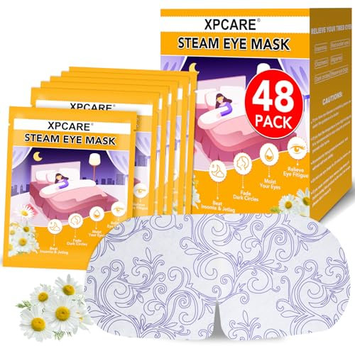 XPCARE 48 Pack Steam Eye Masks for Dry Eyes, Self Heated Steam Warm Eye Mask, Disposable Heated Eye Mask for Dark Circles, Puffy Eyes, Relief Stress Eye Fatigue (Chamomile)