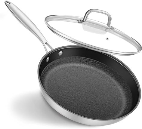 Leetaltree Padella da 30,5 cm con coperchio, a tre strati, in acciaio inox, per fornelli a gas, elettrici, a induzione, in ceramica e forno