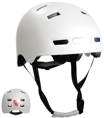Casco de Bicicleta Blanco Mate Crazy Safety con Luz Delantera y Trasera USB | Casco de Bici de Ciudad para Hombres y Mujeres, Casco Urbano para Patinete, Skate, Patines y Bicis BMX | Talla L(57-61cm)