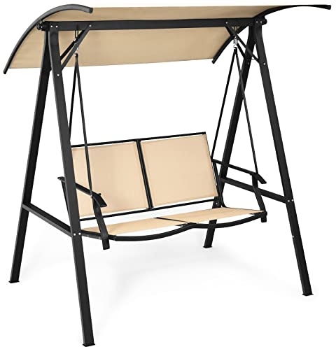 COSTWAY Balancin Jardin Exterior de 2 Plazas, Columpio Jardin Exterior con Techo Ajustable en Ángulo y Cojín, Estructura de Metal, 152 x 112 x 165 cm, Beige, Balancin de Jardin Balcón Terraza Patio