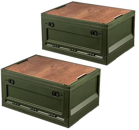 Froppi 2 Pack x 45L Plastic Storage Box with Lid | Large Camping Storage Box | Collapsible Car Boot Organiser | Wooden Board Lid | Green L50.5 W36 H29 cm