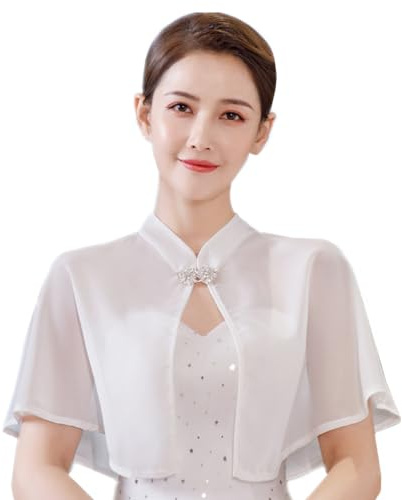 SamHeng Damen Chiffon Hochzeits Schal Stola, Weiß Strassschnalle Abendparty Cape Braut Schultervertuschung Schalwickel Poncho Bolero Partykleid Umhang Cape Mantel Strickjacke Elegante Capelets