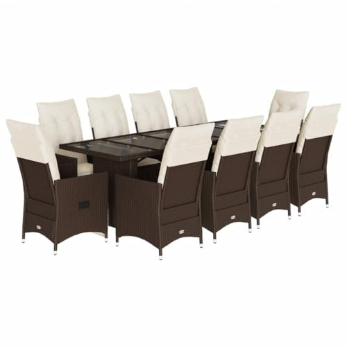 vidaXL Garten Bistroset 11-TLG., Balkonset mit Kissen, Gartenmöbel Tisch 10 Verstellbare Stühle, Balkonmöbel Sitzgruppe Gartengarnitur, Braun Poly Rattan