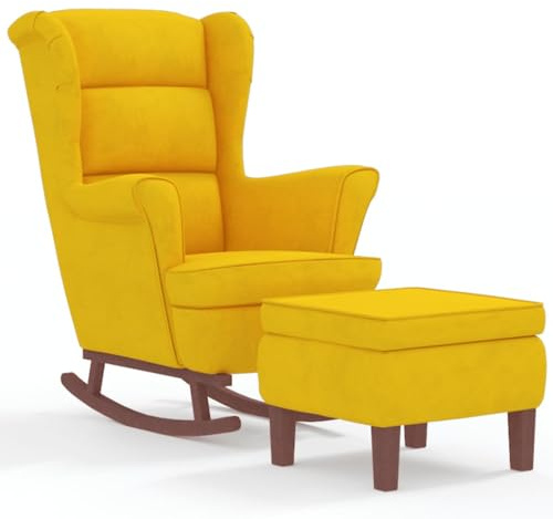 Hommdiy Schaukelsessel und Hocker mit Holzbeinen Samt,Sessel mit Hocker, Relaxsessel, Relaxstuhl,Schaukelsessel, Relaxsessel mit Hocker,Stuhl Gelb,Mit Fußablage