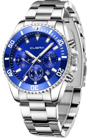 OFFCUP Reloj para Hombre, 50mm Cronografo Impermeable Relojes, Reloj Analógico de Cuarzo con Correa en Acero Inoxidable et Fecha Automática, Negocios Casual Relojes de Pulsera para Hombres (Plata)