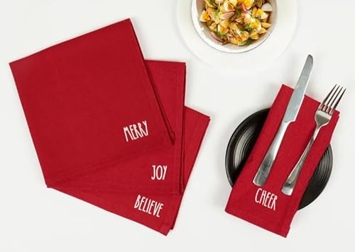 Quality Home Textiles Weihnachtsservietten, 100 % Baumwolle, Rot mit Stickerei Merry Christmas, 4 Stück, 45 x 45 cm (Rot)