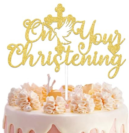 On Your Christening Cake Topper, Mi Bautizo Cake Topper, Christening Decorations for Boys Girls, On Your Confirmation Topper, Bautizo First Birthday Baby Shower Party Supplies Gold Glitter