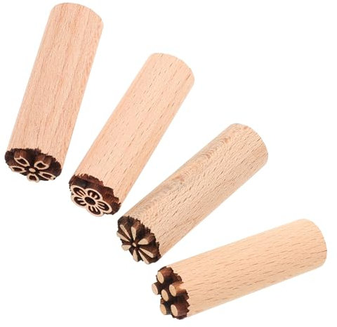 LALAFINA 4pcs Wooden Moon Cake Seal Baking Stamp Embossing Stamps for Fondant Molding
