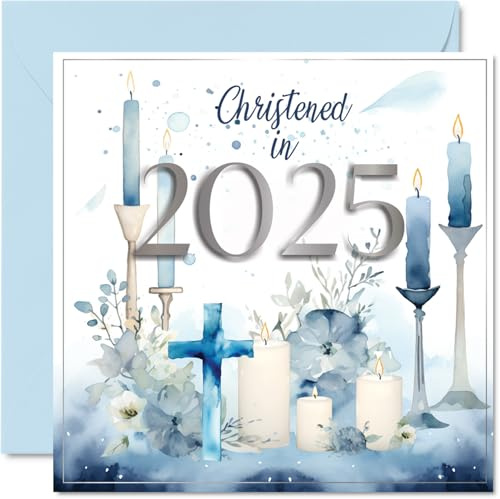 Christening Cards for Boys Him - Christened In 2025 - Congratulations Christening Card, Communion Gifts for Boys, 145mm Christian Gifts Religious Greeting Cards