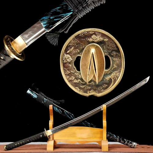100cm handgefertigtes Katana Schwert,Klinge aus Kohlenstoffstahl mit brennendem Muster,Scheide aus massivem Holz mit Lack,echter Samurai Swords für Maskerade,Rollenspiele,Kendo-Training,Fitness,Iaido