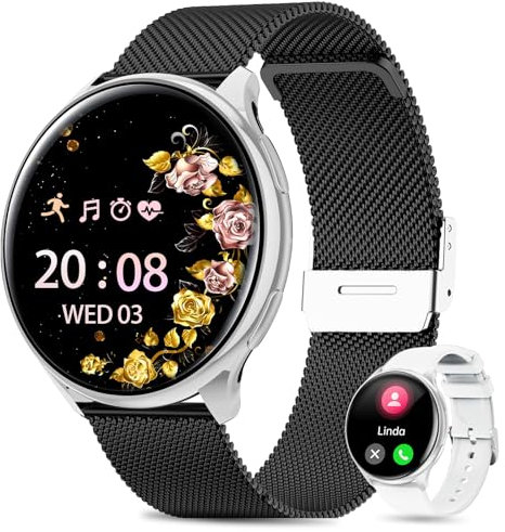 QEYUMYEU 2025 Montre Connectée Femme, 1.39 TFT Smartwatch avec Appel Bluetooth Moniteur de Sommeil SpO2 Cycle Menstruel 100+ Modes Sport IP68 Fitness Podomètre pour Android iOS (Noir Argenté)