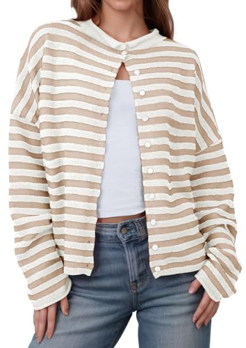 Saodimallsu Womens Striped Cardigan Casual Long Sleeve Open Front Button Down Loose Knit Lightweight Fall Sweaters Beige