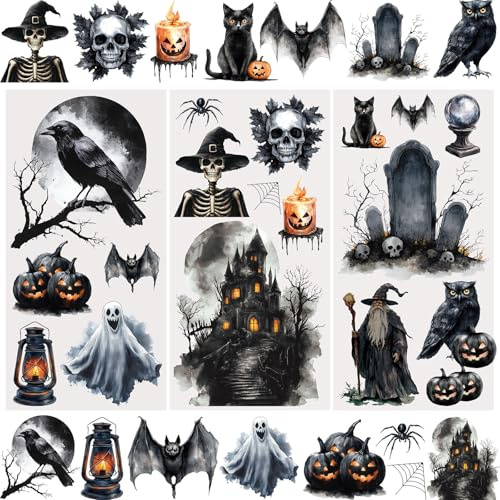WANDIC 3 Bogen Halloween Rub on Transfer Stickers, Schwarzer Spinnennetz Möbel Aufkleber Wand Deko, Wasserdicht, Handarbeiten, Journal, DIY Kunsthandwerk, Dekor für Fotoalbum und Scrapbook, 15 x 30 cm