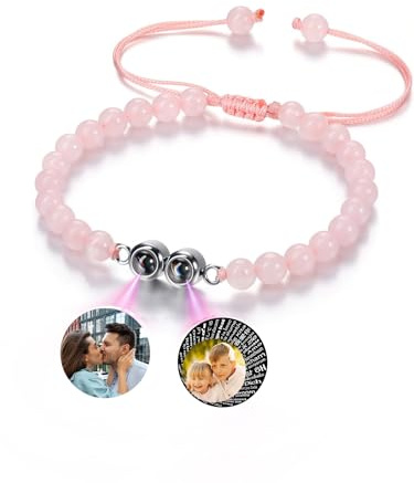 PiercingJak Armband mit Foto Bild Projektion Perlenarmband Damen Herren Armbänder Einstellbar Kugelarmband 6mm Heilsteine Schmuck Personalisierte Geschenke für Mann Frauen, 2 Fotos im Stein