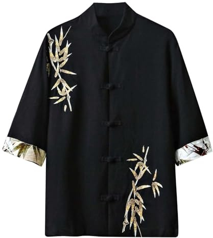 Générique Chemise à manches courtes pour homme Noir Traditionnel Asiatique Motif Bambou Broderie Or Col Montant Fermeture à Bouton Festive Méditation Kung-Fu Mode Hommes Confortable