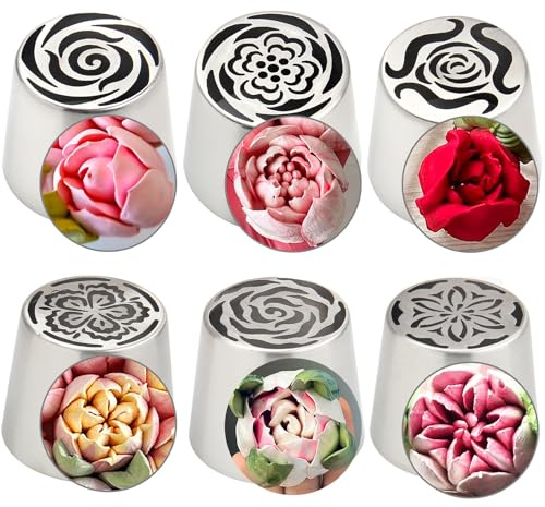Extra Large Russian Piping Tip Set - 6 Stainless Steel Marshmallow Buttercream Framing Nozzles for 3D Roses Tulip Cake Decorations and Marshmallow Bouquets(6A)