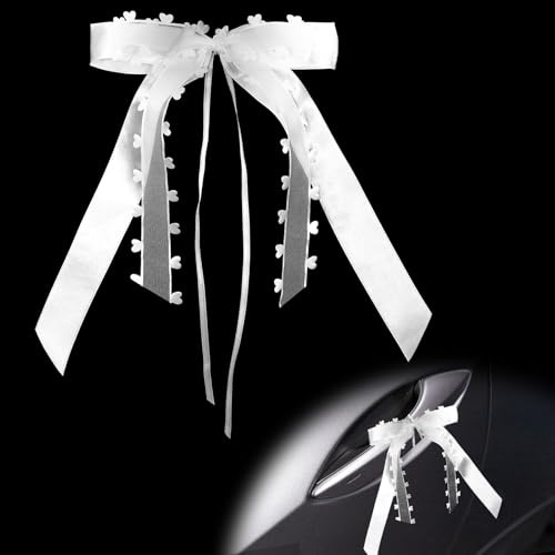 LXUEJIE 20 StüCk Autoschleifen Hochzeit, Hochzeitsdeko Auto mit Herzen Weiß Autoschmuck Hochzeit Auto Deko Schleifen für Brautauto Geschenk Hochzeitsfeier 20x15cm