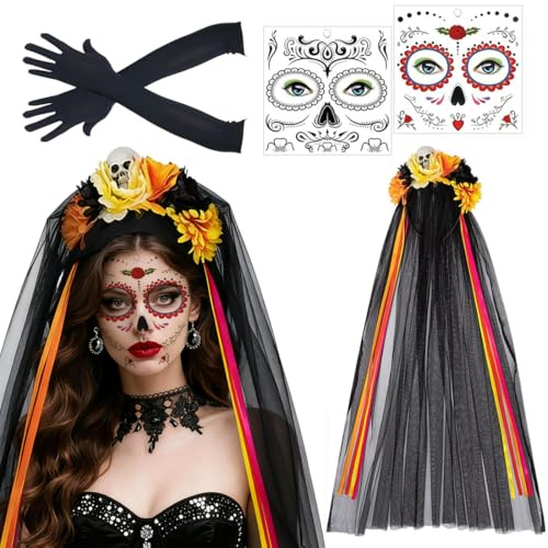 Giorno dei Morti Rose Cerchietto, Cerchietto Rose Halloween Carnevale, Giorno Dei Morti Velo per Halloween, Con un paio di guanti, Tatuaggi Viso Dia De Los Muertos, Accessori carnevale