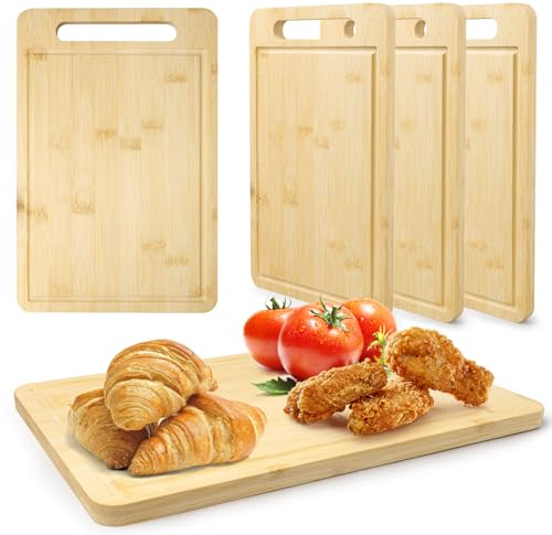 Lot de 5 Planches à Découper en Bambou 30,4 x 20 cm, Planches de Cuisine avec Poignée et Rainure à Jus, Plateaux Apéro Personnalisables pour Gravure Laser et Pyrogravure, Épaisseur 1,2 cm