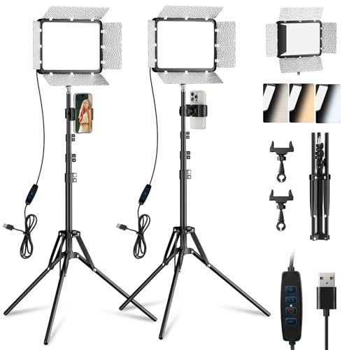 EMART 2-Pack Photography Lighting Kit,25 * 20cm LED Studio Video Lights with Tripod,2800K-7000K Dimmable 15W Filming Panel Light with Barndoor for Live Streaming,YouTube,Vlog, Recording,Make Up