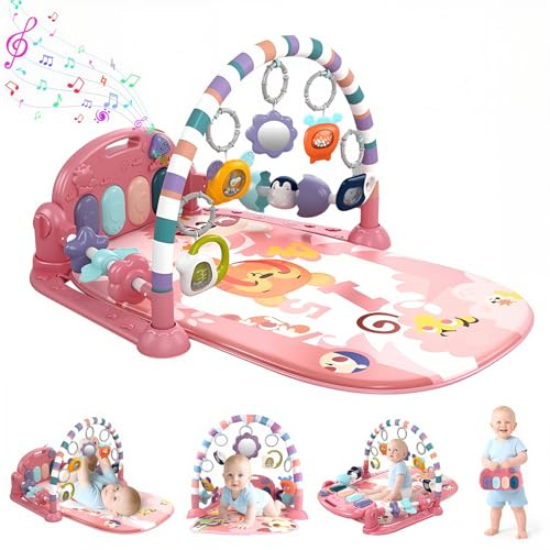 Baby Play Mat Baby Gym with 5 Detachable Activity Toys, Music and Lights, Funny Play Piano Tummy Time Baby Activity Mat, Play Mat Baby for 0-6 9 12 Months Newborn Boys and Girls Gift (Pink)