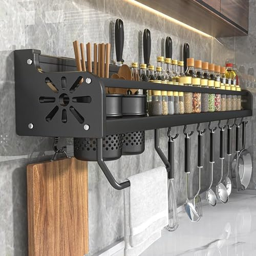Générique Scaffale da parete da cucina in alluminio, porta spezie e supporto per utensili, 8 ganci, 50 x 12 x 10,5 cm, nero