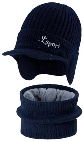 KAKU NANU 2 unisex vintermössor med öronmuffar och matchande nackvärmare set vintervärmemössor med fleecefoder 4 färger, Blå, one size