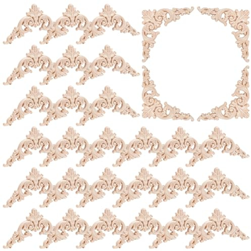 INTERWARM 30 Stück Holz Ornamente Stuckleisten,Holzapplikations Eck Onlay | 10x10cm Möbelapplikation DIY Geschnitzte Ecke Aus Holz Unbemalte Geschnitzte Holzaufkleber f.Möbel Wand Schrank Bett Schrank