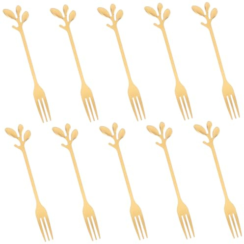 ROMISBABA Lot de 10 Petites Fourchettes de Dégustation en Acier Inoxydable Doré, Légères et Portables, Design Élégant de Feuille pour Pique-niques et Voyages