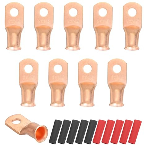 sourcing map 10pcs 2 AWG M6 Battery Lugs Ring Terminals, 1/4 6mm Stud Crimp Wire Terminal Connector End Copper, 2:1 Heat Shrink Tubing, Gold