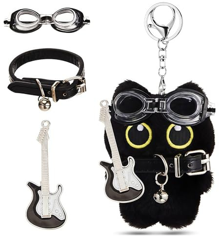 ZenithBurst Schlüsselanhänger Katze Plüsch Anhänger mit Brille, Schal und Gitarre, Süße Cartoon Schwarze Katze Plüsch Schlüsselanhänger,Geschenke für Katzenliebhaber