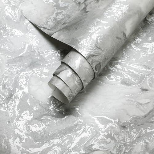 Tarwanear Marble Effect Wallpaper Silver Metallic,Modern Luxury Textured Grey Marble Wallpaper for Living Room,Bedroom,Fireplace,Hallway Feature Wall