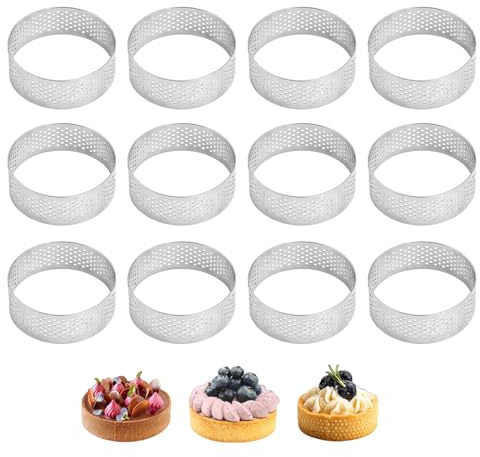 Kuugeo Cercle Tartelette, 12 pièces Cercle Perforé Patisserie, Cercle A Tartelette, Cercle A Tarte Perforé, Cercle A Tarte, pour Gâteaux, Mousse, pour Mini Pizzas, Acier Inoxydable (6 × 6 × 2 cm)
