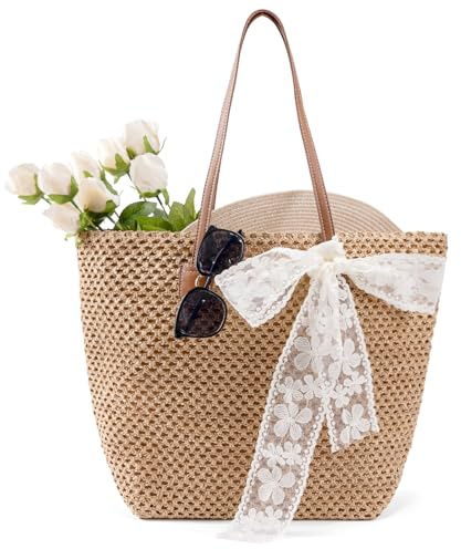 boshiho Summer Stroh Strandtasche Damen - 2026 Natürlich Geflochtene Handtasche, Groß Straw Bag Urbane Boho Trendy Beach Strohtasche für Reisen, Einkaufen, Urlaub, Pendeln (Braun-01)