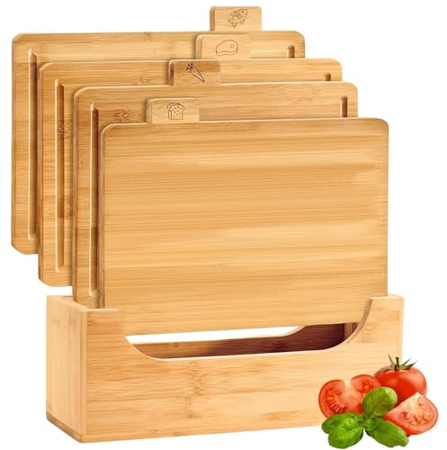 4-Pcs Bamboo Chopping Board Set with Stand, Non-Slip Kitchen Boards