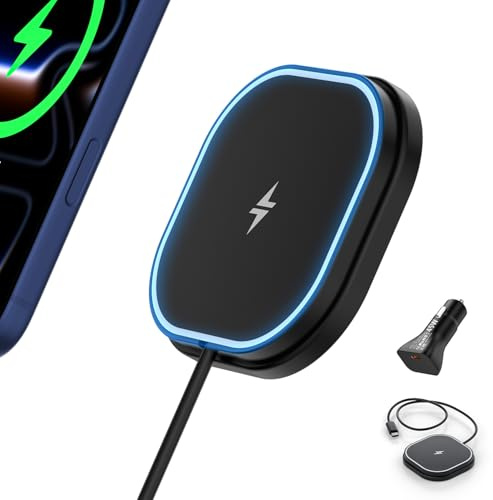 25W Magnetisches Wireless Autoladegerät, Polmxs für MagSafe Ladegerät Auto mit Nano-Saugfuß, Induktives Schnellladegerät mit 45W KFZ Ladegerät & USB-C Kabel Kompatibel mit iPhone 17/16/15/14, Samsung