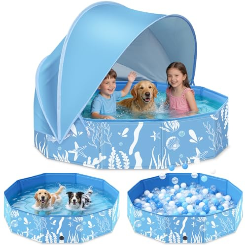 Haozozo Paddling Pool for Kids and Dogs with Canopy, Foldable Large Kids Paddling Swimming Pool with UV Protection, Anti-Slip Portable Pet Dog Bath Tub -Ideal Outdoor Water Toys for Garden Camping