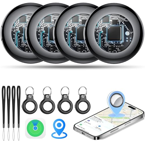 Tukio Air Tags Traceur Lot de 4 Noire, Bluetooth Tracker Fonctionne avec Apple Find My (iOS Uniquement), Batterie remplaçable, Localisateurs D’Objets Bluetooth pour Valises/Portefeuilles/Clés/Sacs