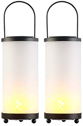 Lunartec 2er-Set Solar-LED-Laternen Glas/Metall mit Fackel-Effekt, 96 LEDs