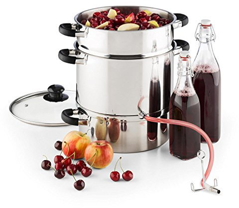 KLARSTEIN Applebee Extractor de Zumo de Vapor eléctrico - 1500 W, Espacio 5 kgs Fruta, Diametro 25 cm, 3 Niveles, Tapa Cristal, Acero Inoxidable