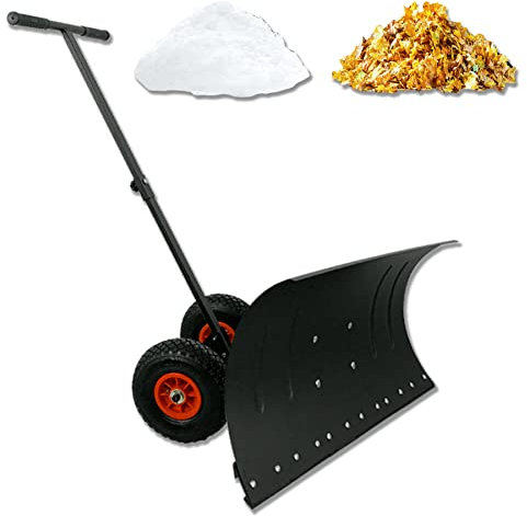 Froadp Mobile Schneeschieber auf Rädern Höhenverstellbar Schneeschaufel Schneeräumen mit 74cm Extra-Breiten Kunststoffüberzug Blatt(Schwarz)