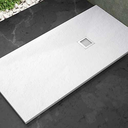 Plato de ducha Stone Coat - Carga Mineral con Resina recubierto de Gel Coat Válvula y Rejilla incluido. (80 x 130 cm, Blanco)