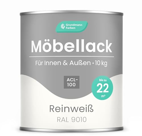 Grundmann Möbellack ACL 100 - Weiss 10 kg - Lösemittelfrei & Geruchsarm - 4in1 Möbelfarbe inkl. Grundierung - Innen und Außen - Für Holz, Metall & Kunststoff - RAL 9010 Reinweiss
