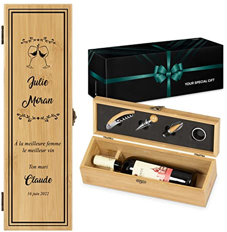 Maverton Coffret en Bois de Bambou pour une bouteille du vin | Avec un ensemble d'accessoires pour vin, Jeu d'Accessoires pour Vin pour chaque femme, avec personnalisation, meilleure femme