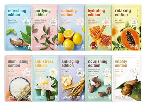 [MASK ON] Masque visage coréen (10 EA) – Masque Essentiel Hydratant & Nourrissant, Soin quotidien avec 10 ingrédients naturel