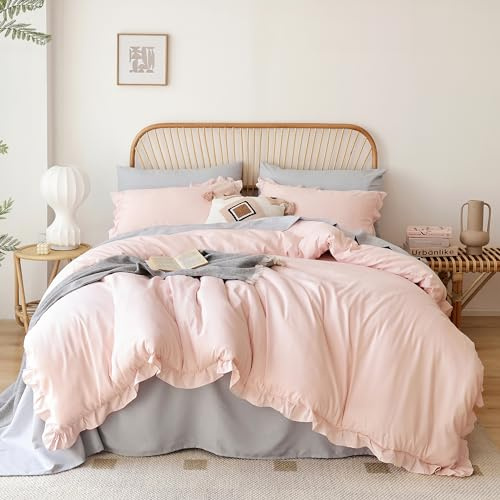JANZAA Blush Pink Comforter Set Queen – Soft Microfiber, Lightweight All Season Bedding, Ruffle Shabby Chic Aesthetic, Breathable Cozy Bed Set with 2 Pillow Shams, Machine Washable