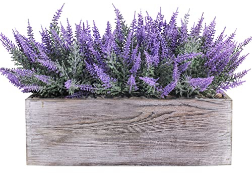Fake Lavender Flower Arrangement in Rustic Rectangular Wood Planter Box Artificial Potted Lavender Plant for Gifts Farmhouse Wedding Centerpiece Kitchen Windowsill Table Shelf Indoor Greenery Decor