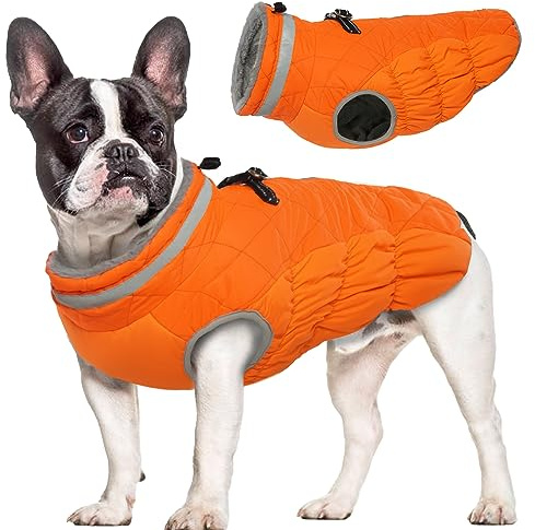 Hjumarayan Manteau Chien - Manteau Chien avec Harnais Réfléchissant Manteaux d'hiver pour Chiens Manteau Chien Imperméable, Manteau Chien Petite Taille Manteau Bouledogue Francais - Orange M